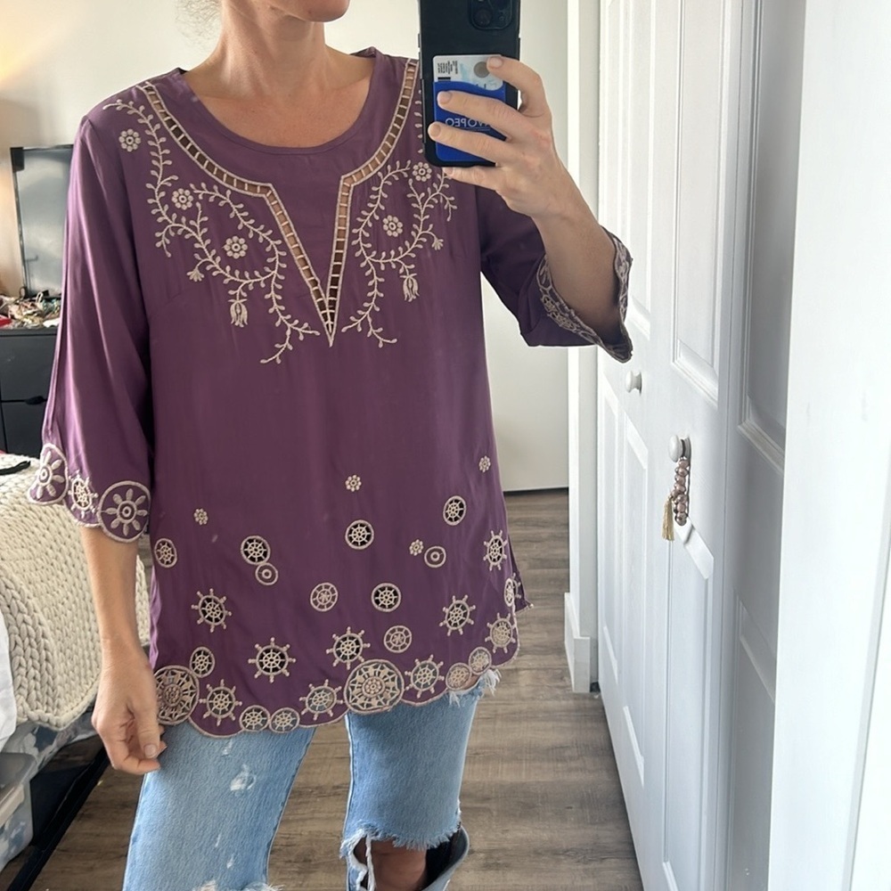 Solitaire By Ravi Khosla embroidered boho top size S